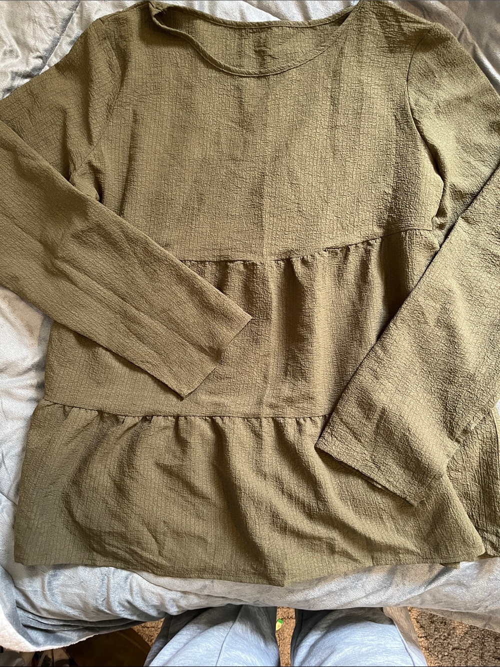 Women's Olive Green Tiered Long-Sleeve Blouse